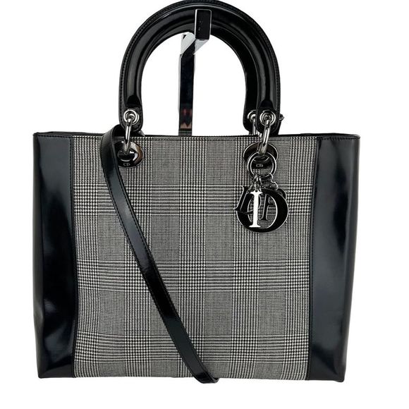 Christian Dior Large Lady Black Patent Leather Canvas Hand Bag - Picture 1 of 6